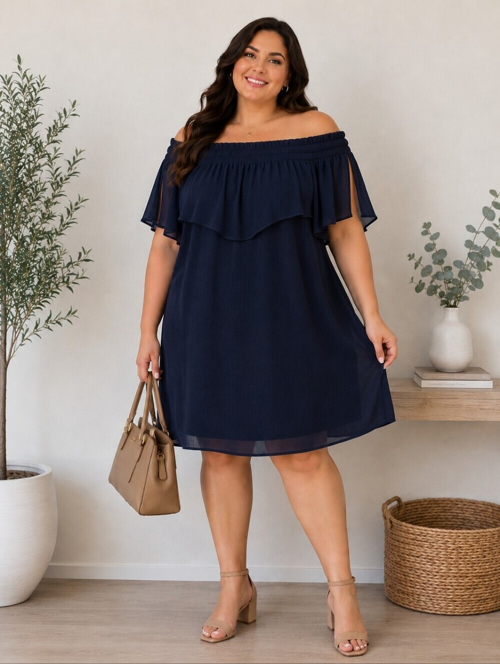 NWT Symphony Navy Blue Off Shoulder Ruffle Short Dress Plus Size 3X